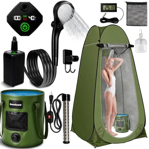 Motivekit™ Grass Green Portable Camping Shower Kit with LED Lights, 6.6-Gallon Foldable Bucket & 1500W Heater