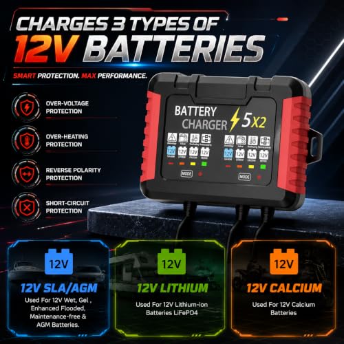 12V 2-Bank Marine Battery Charger 10A Waterproof 6-Stage Trickle Charger