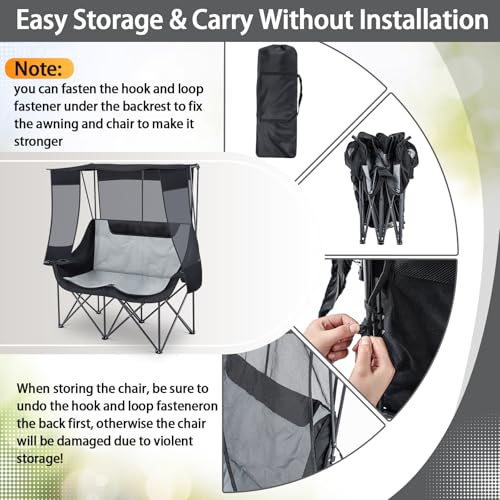Teenyyou Double Camping Chair with Canopy Black and Grey - Heavy Duty 660lbs
