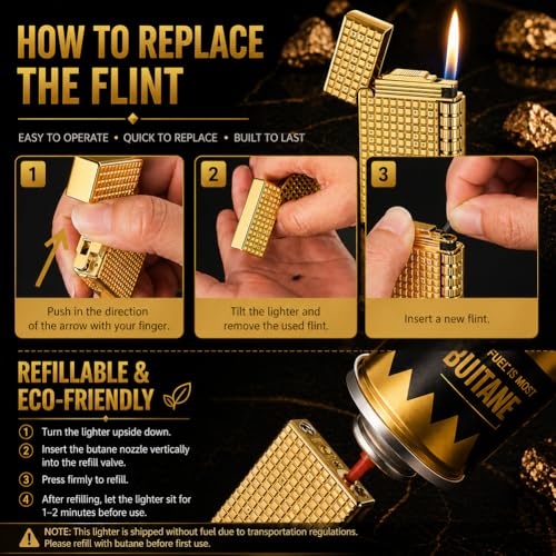 VelTora Gold Refillable Butane Lighter Soft Flame Metal Design Angled Flame