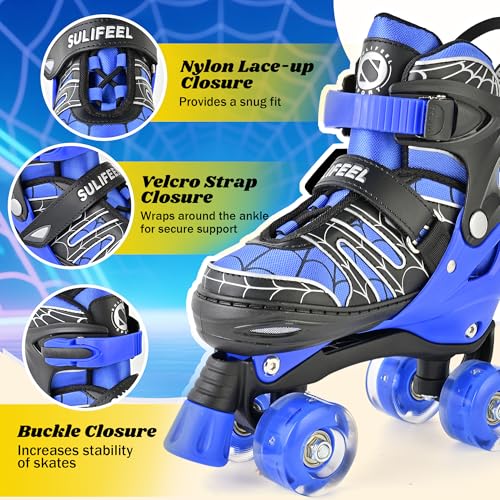 SULIFEEL Kids Adjustable Light-Up Roller Skates - Web Pattern, B Spider Blue, Medium
