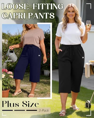 Women's Plus Size Capris with Pockets - Neer 3 Pack Black Gray Navy XL