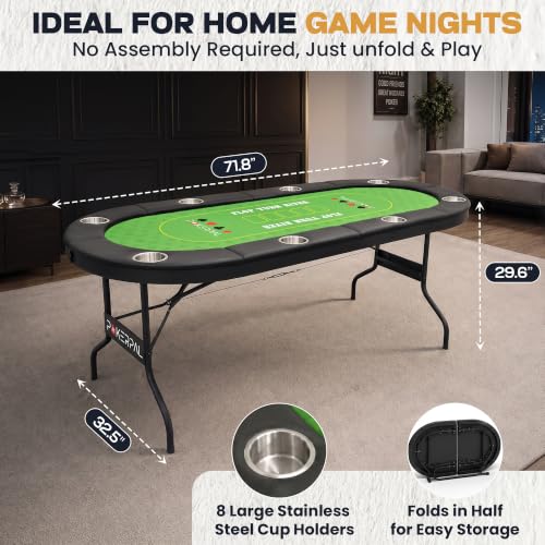 Foldable 8 Player Poker Table with Interchangeable Waterproof Game Mats - Burgundy