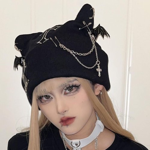 TYHOTULY Y2k Goth Beanie Hats for Women Winter Punk Emo Grunge Cat Ear Knitted Cap Gothic Streetwear Halloween Accessories (Black,One Size)