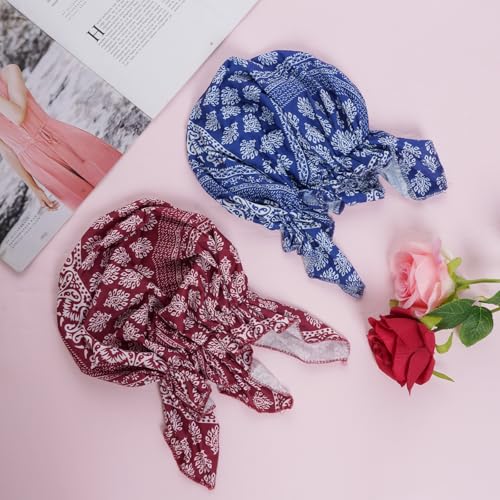 4pcs Pre-Tied Chemo Head Scarf Beanie Cap - Sleep Turban Headwear for Women, Blue Variation