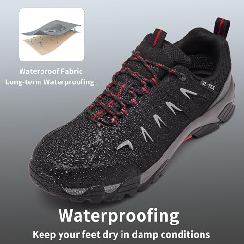 SHULOOK Men's Waterproof Hiking Shoes - Lightweight Low Top Trail Shoes Black/Red 13