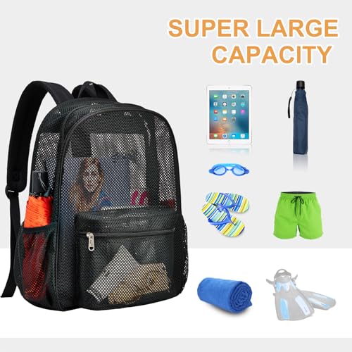 Heavy Duty Mesh Backpack for Beach, Work & Travel 25L Black Clear