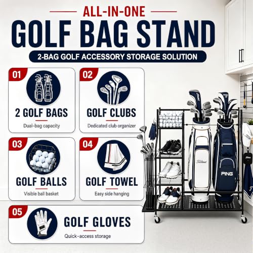 Golf Bag Storage Rack with Wheels - Garage Organizer for Clubs & Accessories