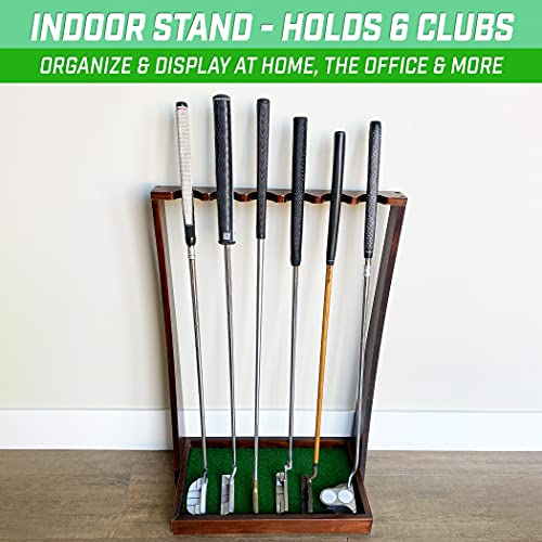 Brown Wooden Golf Putter Stand - Indoor Display Rack Holds 6 Clubs for Home & Office