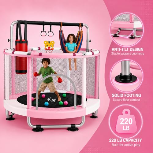 Pink & White 55-Inch Toddler Trampoline for Kids Ages 3-8 Indoor & Outdoor with Basketball & Accessories
