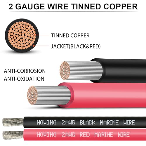 NOVINO 2 Gauge Marine Grade Copper Wire 20FT Red & Black - Heavy Duty Marine Cable
