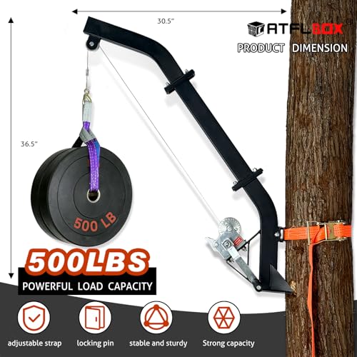Atflbox Tree-Mounted Game Hoist with Winch & Ratchet Strap — Heavy-Duty Hunting Lifter up to 500 lbs