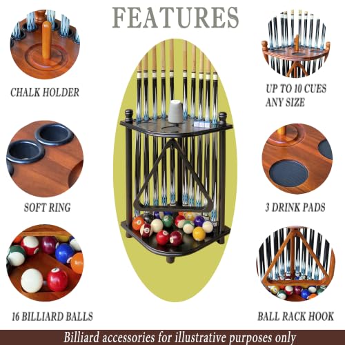 Black Pool Cue Rack Floor Stand for 10 Cues | Hardwood Billiard Accessories