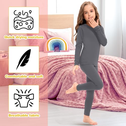 Girls Thermal Underwear Set 5-Piece Fleece-Lined Base Layer for Winter - Medium / Black, Grey, Pink, Beige