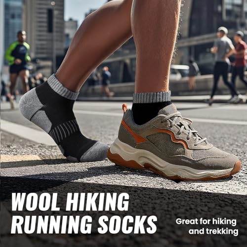 Men's Merino Wool Ankle Running Socks - Black & Grey, Medium, Compression Support