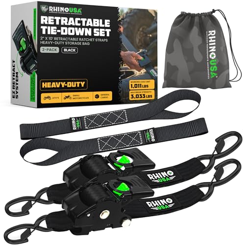 Rhino USA Retractable Ratchet Straps 2-Pack - 2in x 10ft, 3,033lb, Black