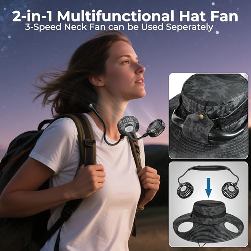 Camo Grey Bucket Hat Fan with UV Protection and Rechargeable Fan - Gifts for Him & Her