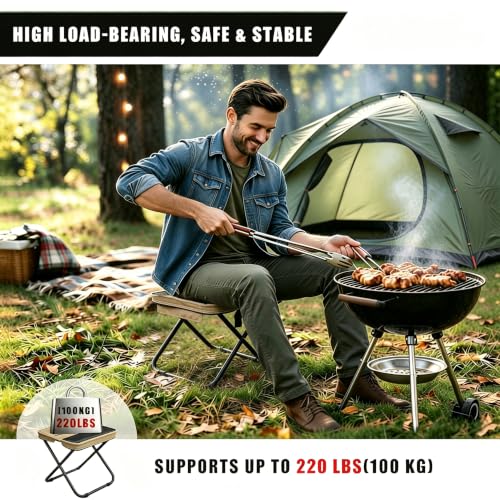Khaki Portable Folding Camping Stool with Side Pocket - Lightweight, Supports 300 lbs