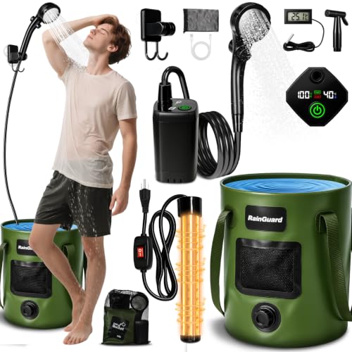 Goody King Portable Camping Shower with Heater - Green, 6.6 Gallons, Rechargeable & Foldable Bucket