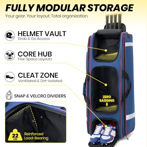 Fanwoli Pro Navy 100L Baseball Catchers Gear Bag with Organizer & 5-Hook Dugout