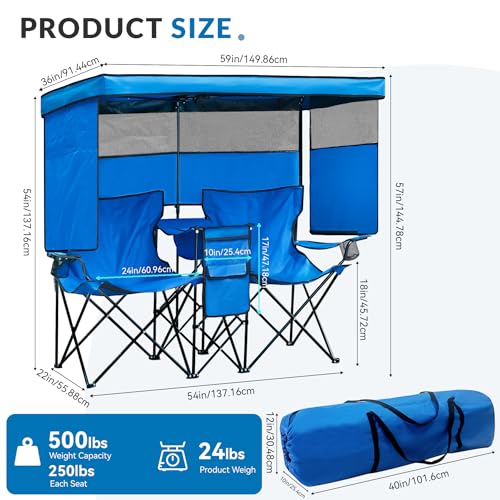 Blue Double Beach Chair with Canopy Shade, Cooler Bag & Cup Holders - Oversized Folding Loveseat for Camping & Beach