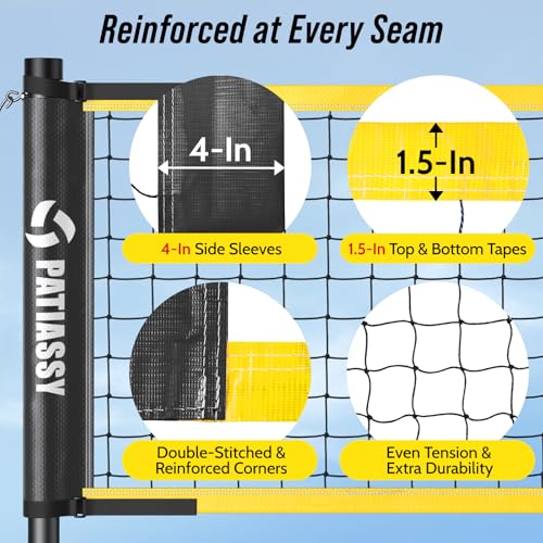 Patiassy Black and Yellow Portable Volleyball Net Set, Adjustable 20-32FT & Height, Anti-Sag Design