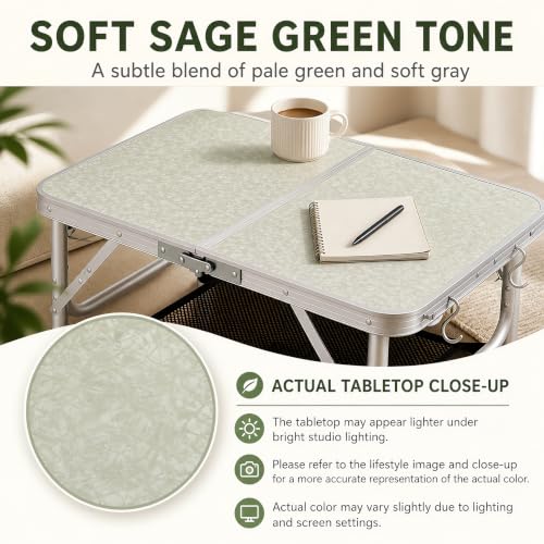 Portable Aluminum Camping Table - Small Foldable Picnic & Travel Desk, Silver & Sage Gray, 24 x 16 Inches, Adjustable Height