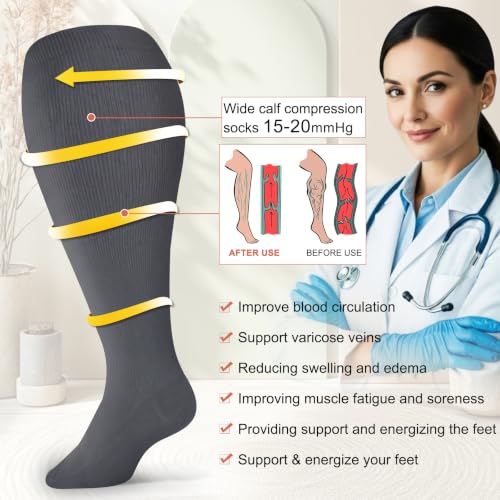 Plus Size Compression Socks for Women and Men Wide Calf Knee High Support - 01 White Gray Black XX-Large