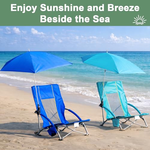 Romswi Blue Beach Chair with Umbrella 2-Pack, Adjustable Parasol & Cup Holder