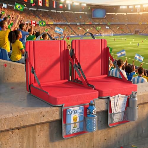 Extra Large Stadium Seat with Back Support, Padded Cushion & Multi-Pocket Storage - Red & Grey Portable Folding Bleacher Chair for Sports & Camping