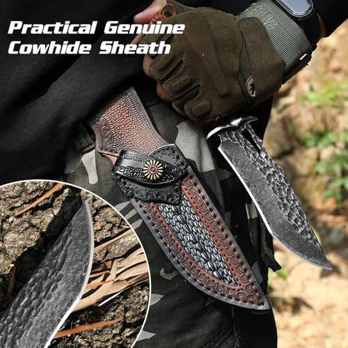 Damascus Hunting Knife VG10 67-Layer Fixed Blade with Leather Sheath - Men’s Bowie Knife