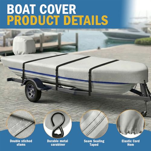 1200D Gray 16ft Jon Boat Cover with Metal Hooks and Reinforced Seams