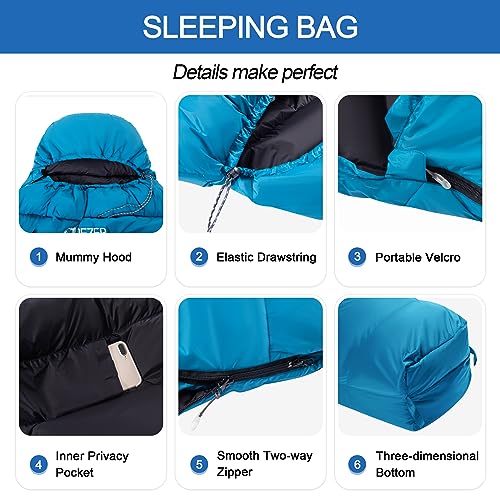 Ultralight Down Sleeping Bag for Adults - 59°F-68°F, Blue / Black, Compact Backpacking