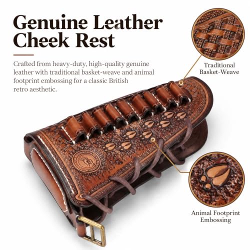 TOURBON Vintage Leather Cheek Rest with Shell Holder for Rifle & Shotgun - No Drill, Adjustable Strap