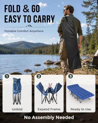 XXL Folding Camping Cot with Mattress - 32in Heavy Duty Portable Bed for Adults, Blue