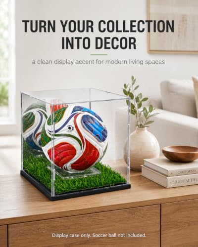 Acrylic Mini Soccer Ball Display Case with Mirror Back & Turf Base - 7.5"Lx7.5"Wx7.9"H, Variation of Acrylic Case for Mini Soccer