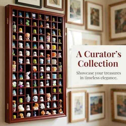 Wall-Mounted Thimble Display Case with UV Protection Door and Felt Interior - Mahogany Finish