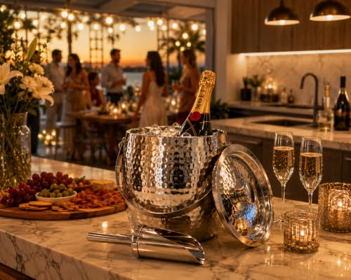 Silver Insulated Ice Bucket with Lid & Scoop - 3QT Champagne Cooler