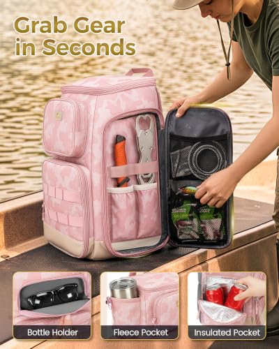 Pink Camouflage Fishing Backpack with 4 Tackle Boxes and Insulated Cooler