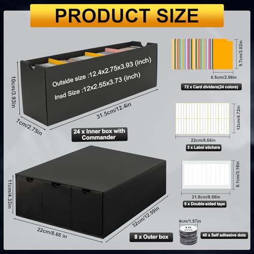Trading Card Storage Box with 24-600 CT Boxes & Dividers - Organizer for TCG, MTG, PTCG & Sports Cards - Includes Labels & Tape - Black