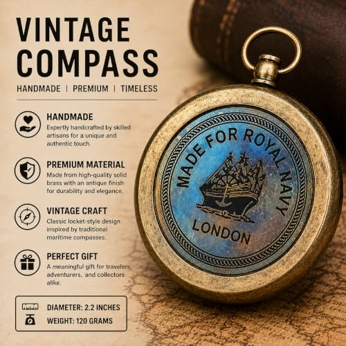 Antique Brass Navigational Compass - Pocket Size Hiking Camping Direction Finder