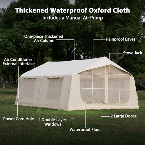 Beige 12-Person Inflatable Camping Tent with Rainfly, Hand Pump & Stove Jack