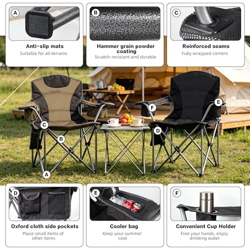 CRKOIAXEP Heavy Duty Folding Camping Chair Black 2 - 500lbs Oversized Padded Outdoor Seat with Cooler & Cup Holder