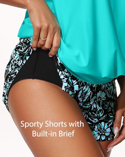 Women’s Blouson Tankini Swimsuit with Shorts - Large Aqua & Floral 2PC Tummy Control Bathing Suit