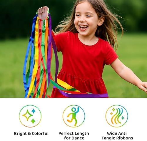 GSi Multicolor Ribbon Wands - Pack of 6 Dance Streamers with 9" Sticks & 1m Ribbons for Kids' Gymnastics & Parties