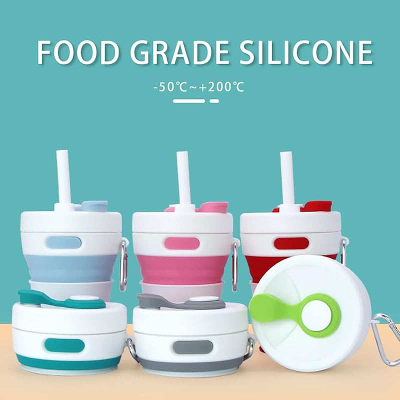 Collapsible 16oz/450ml Silicone Coffee Cup with Straw - Gray, Portable Travel Camp Cup