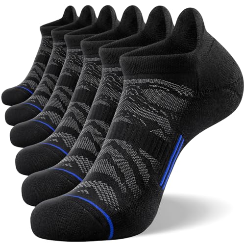 Men's Ankle Running Socks 6 Pack - Low Cut Cushioned Athletic Socks Black+Blue 9-12