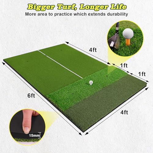 Premium Golf Hitting Mat 6x4ft Extra Large with Real Tee & Shock Absorption