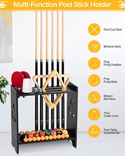 Pool Cue Stick Floor Stand Holder with Cone Chalk - Black, Wood