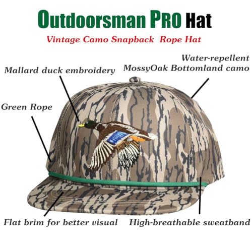Outdoor Performance Snapback Hat with Flat Brim and Animal Embroidery - Flying Duck, Rope Bottomland Camo